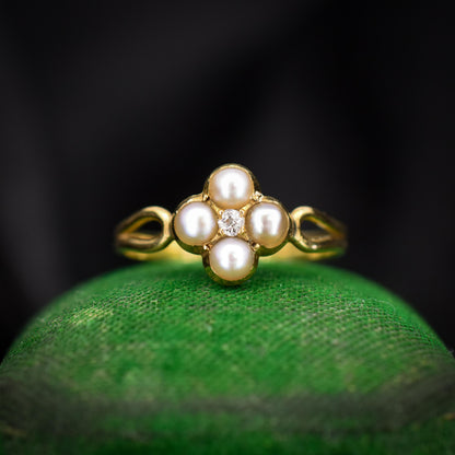 Antique Victorian Pearl and Old Cut Diamond 18ct Gold Ring