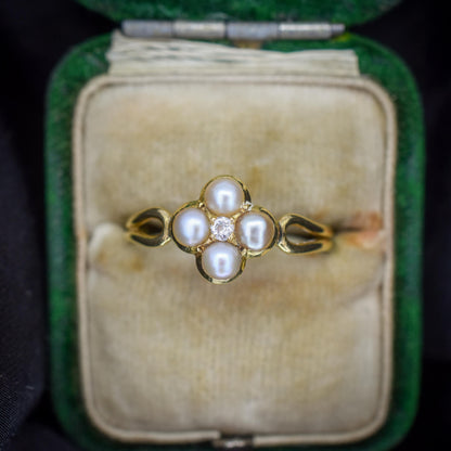 Antique Victorian Pearl and Old Cut Diamond 18ct Gold Ring
