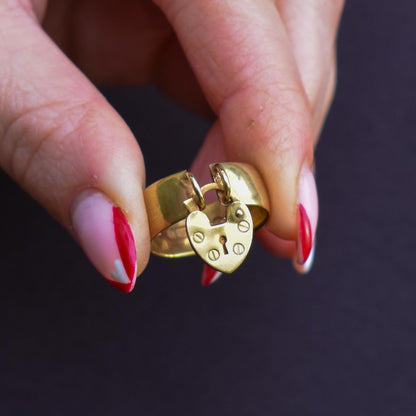 Antique Edwardian Heart Padlock Drop 9ct Yellow Gold Band Ring | B'ham 1915