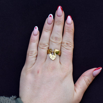 Antique Edwardian Heart Padlock Drop 9ct Yellow Gold Band Ring | B'ham 1915