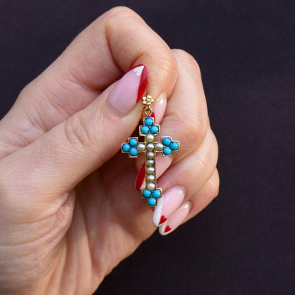Antique Victorian Turquoise Pearl Gold Cross Pendant