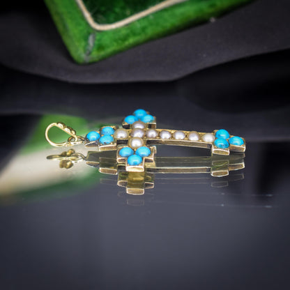 Antique Victorian Turquoise Pearl Gold Cross Pendant
