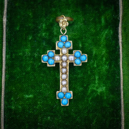 Antique Victorian Turquoise Pearl Gold Cross Pendant