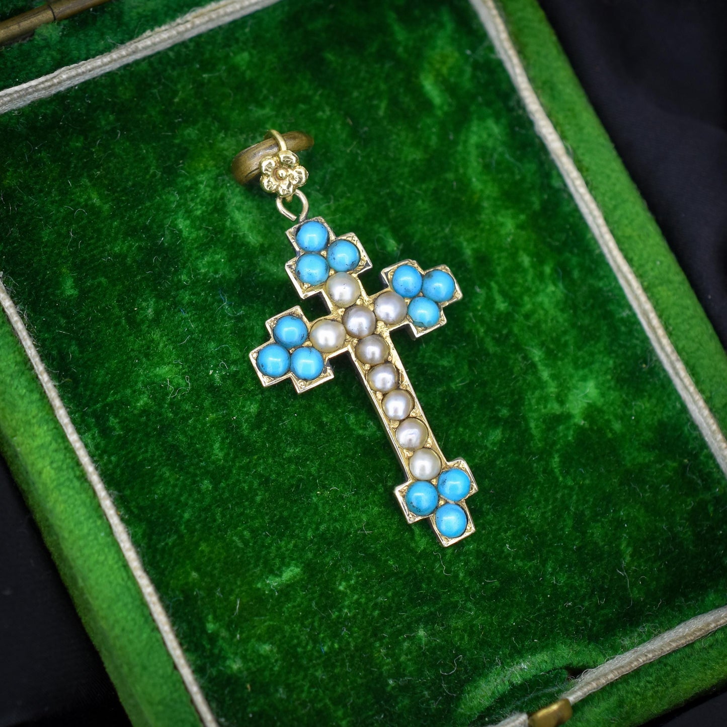 Antique Victorian Turquoise Pearl Gold Cross Pendant