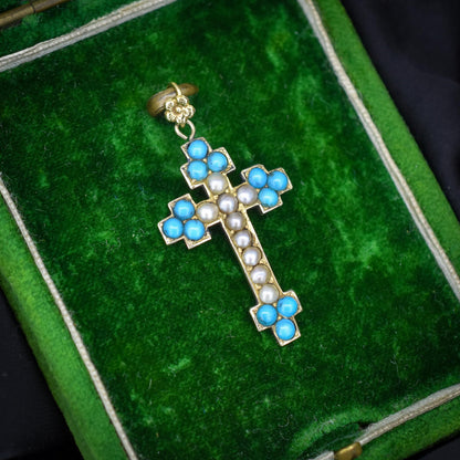 Antique Victorian Turquoise Pearl Gold Cross Pendant