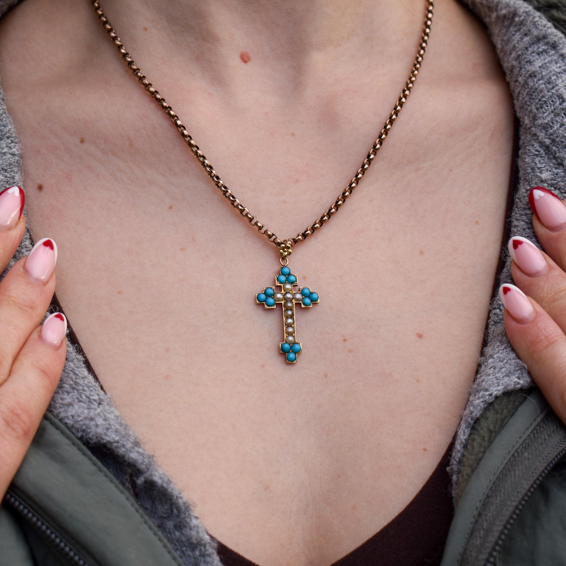 Antique Victorian Turquoise Pearl Gold Cross Pendant