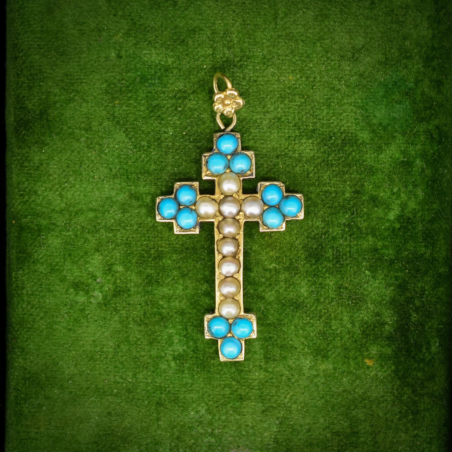 Antique Victorian Turquoise Pearl Gold Cross Pendant