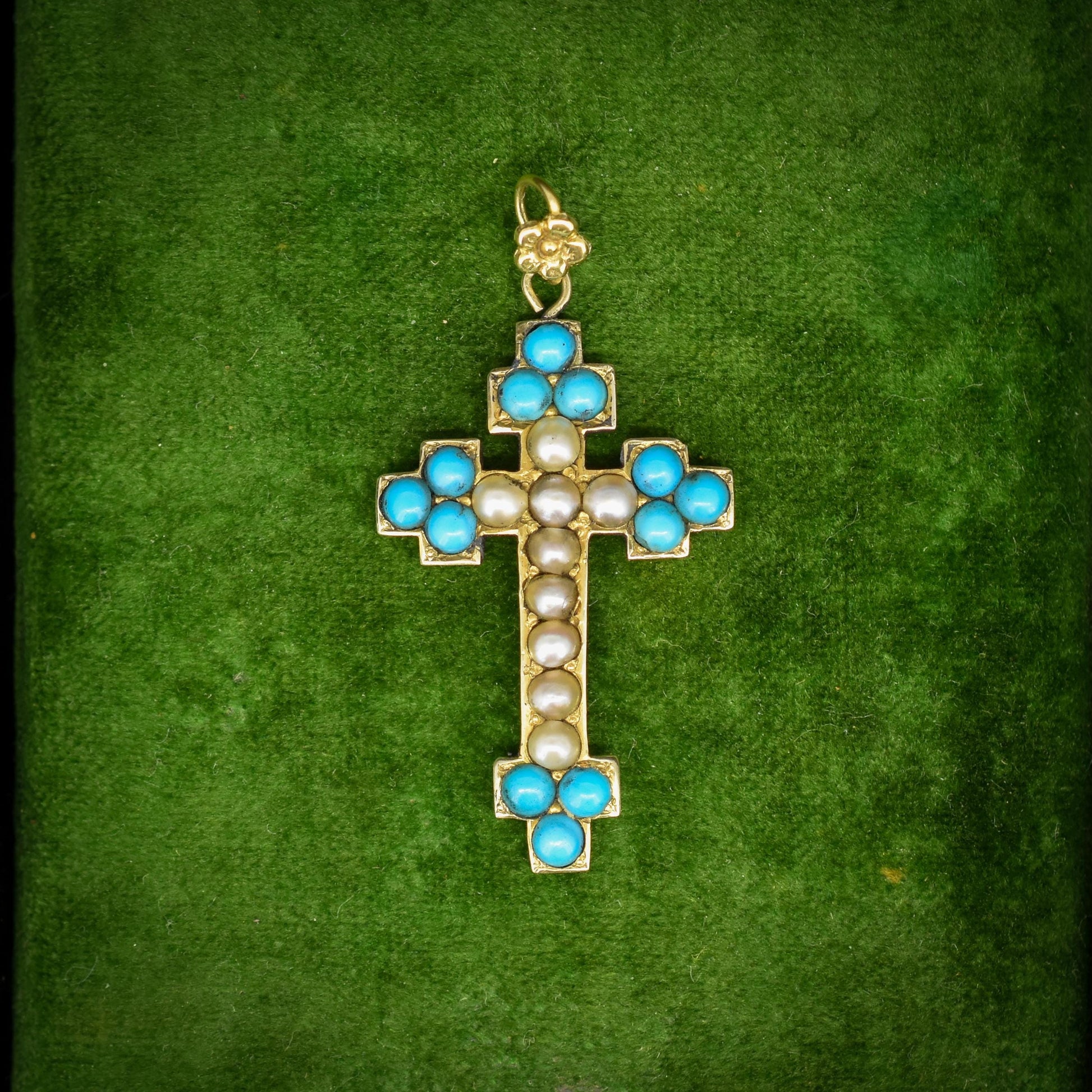 Antique Victorian Turquoise Pearl Gold Cross Pendant