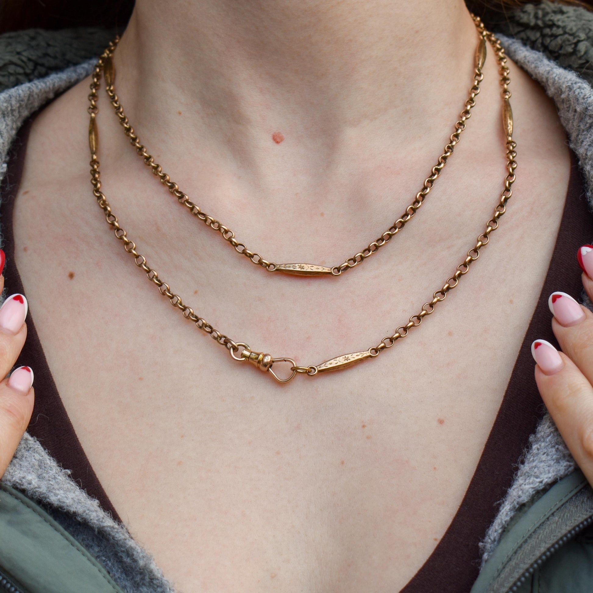 Antique Rolled Gold Fancy Link Chain Necklace with Dog Clip | 36" Length