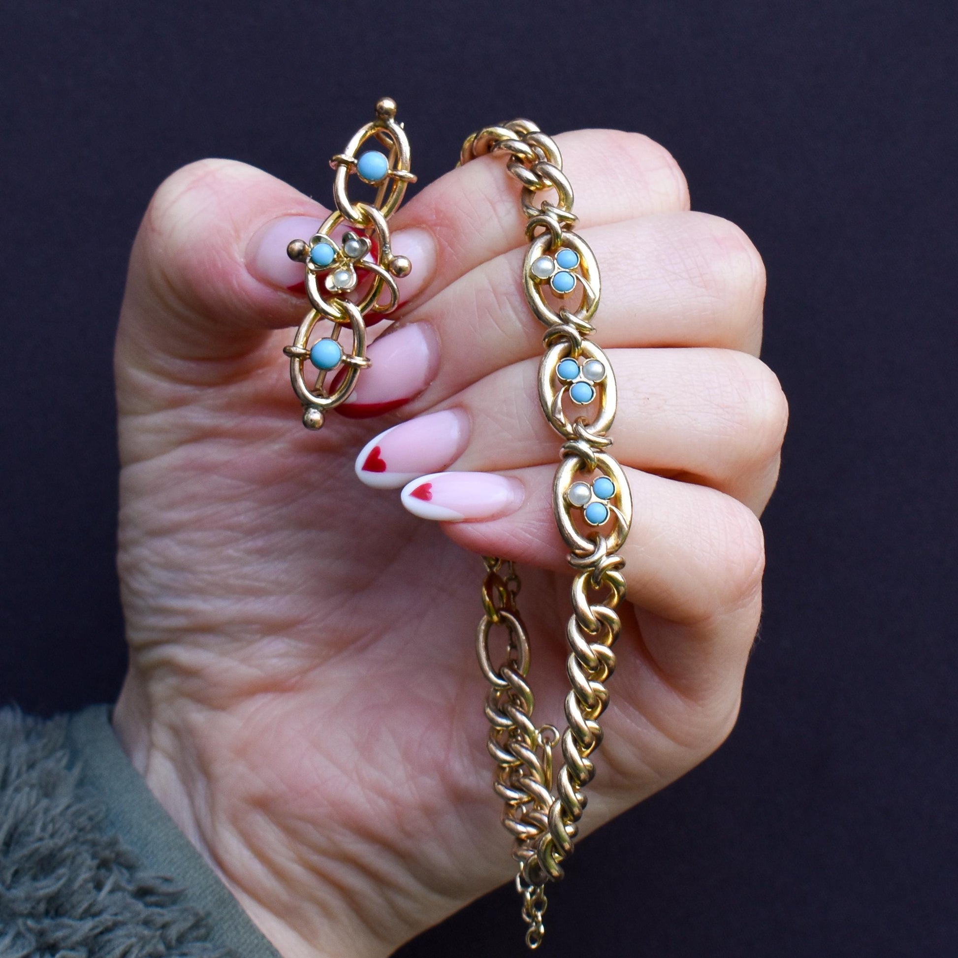 Antique Rolled Gold Turquoise and Pearl Bracelet and Brooch Jewellery Set