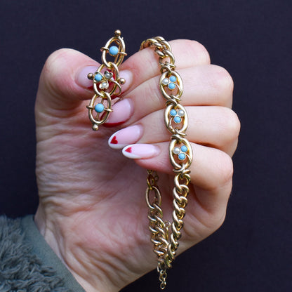 Antique Rolled Gold Turquoise and Pearl Bracelet and Brooch Jewellery Set