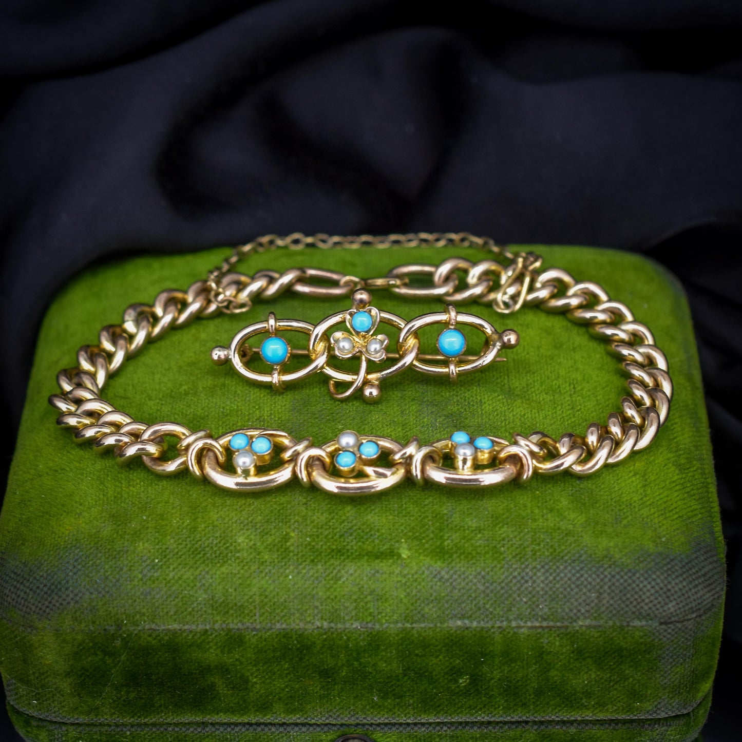Antique Rolled Gold Turquoise and Pearl Bracelet and Brooch Jewellery Set