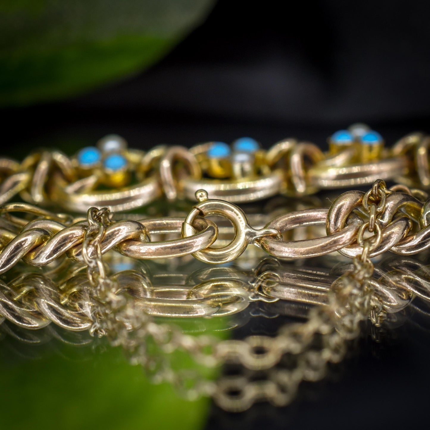 Antique Rolled Gold Turquoise and Pearl Bracelet and Brooch Jewellery Set