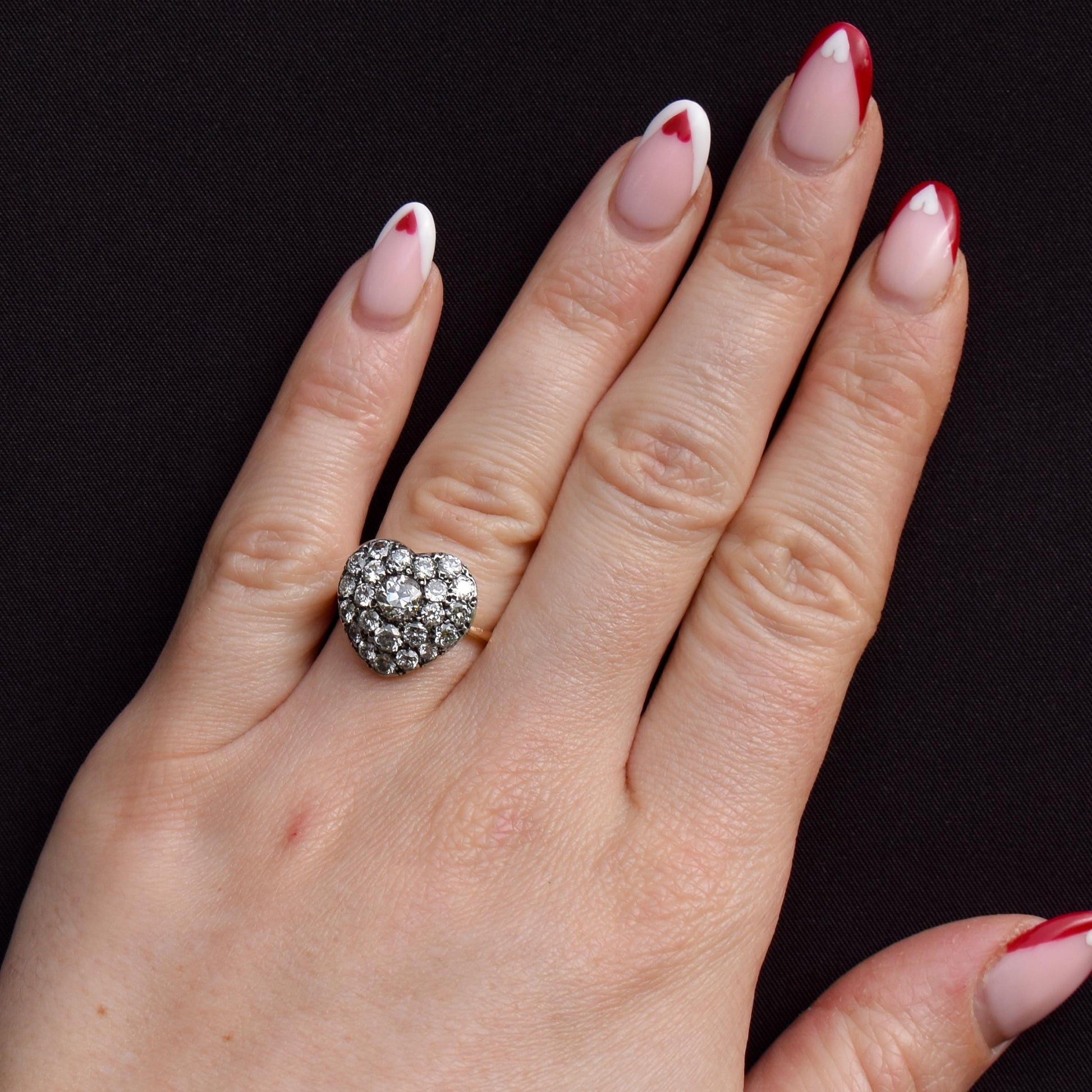 1.85ct Old Cut Diamond Heart Cluster 14ct Yellow Gold Ring