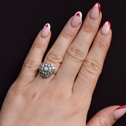 1.85ct Old Cut Diamond Heart Cluster 14ct Yellow Gold Ring