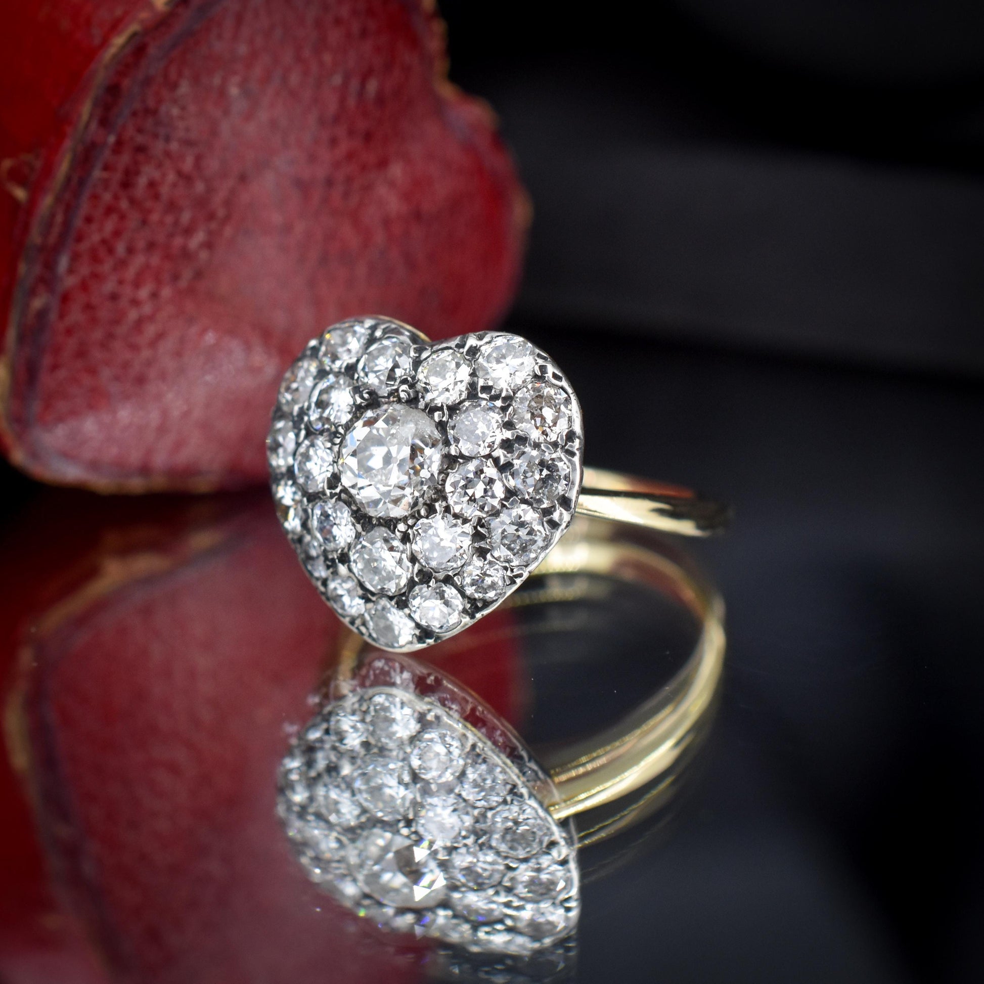 1.85ct Old Cut Diamond Heart Cluster 14ct Yellow Gold Ring