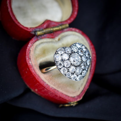 1.85ct Old Cut Diamond Heart Cluster 14ct Yellow Gold Ring