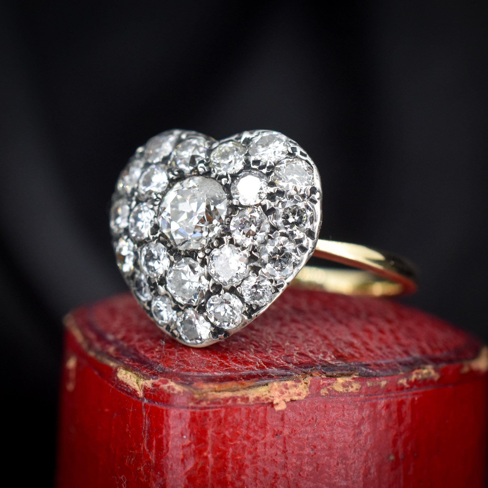 1.85ct Old Cut Diamond Heart Cluster 14ct Yellow Gold Ring