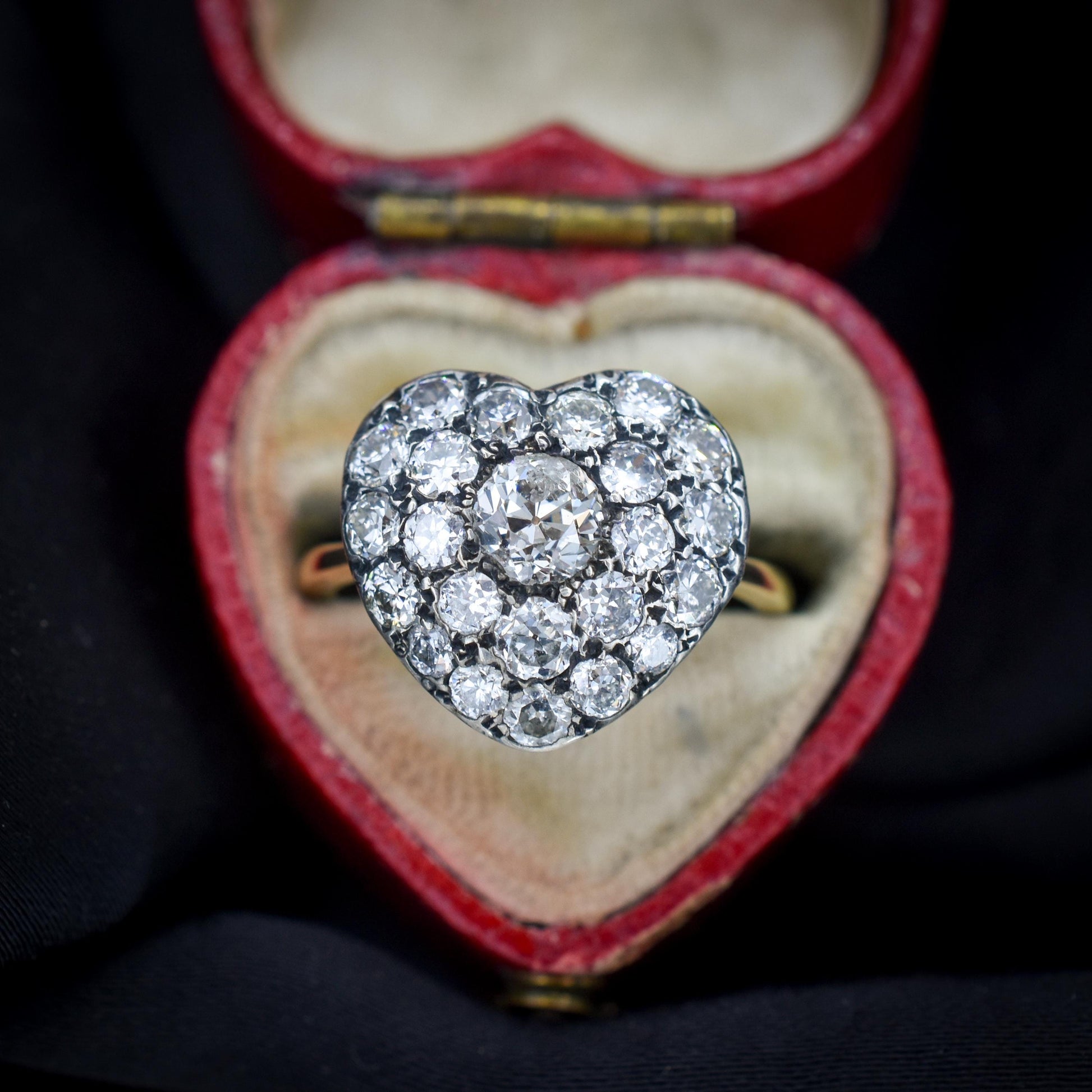 1.85ct Old Cut Diamond Heart Cluster 14ct Yellow Gold Ring