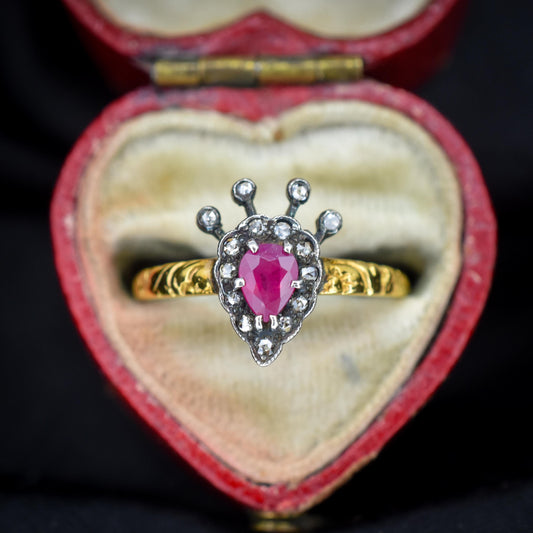Ruby and Diamond Crown Gold and Silver Ring