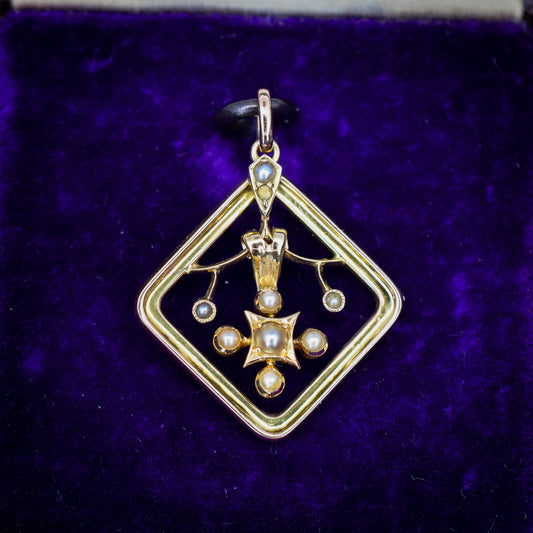 Antique 9ct Gold Pearl Floral Pendant