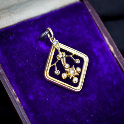 Antique 9ct Gold Pearl Floral Pendant