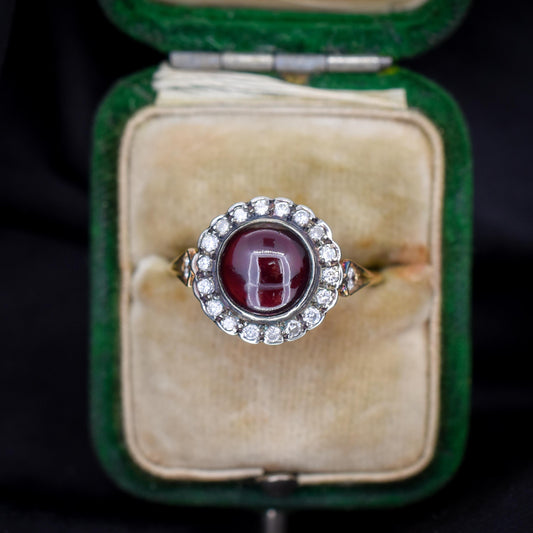 Cabochon Garnet and Diamond Halo 14ct Yellow Gold Ring