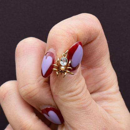 Antique Blue Paste Pearl 9ct Gold Spider Charm Pendant | Edwardian