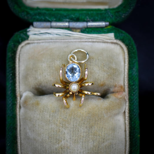Antique Blue Paste Pearl 9ct Gold Spider Charm Pendant | Edwardian