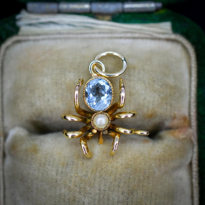 Antique Blue Paste Pearl 9ct Gold Spider Charm Pendant | Edwardian