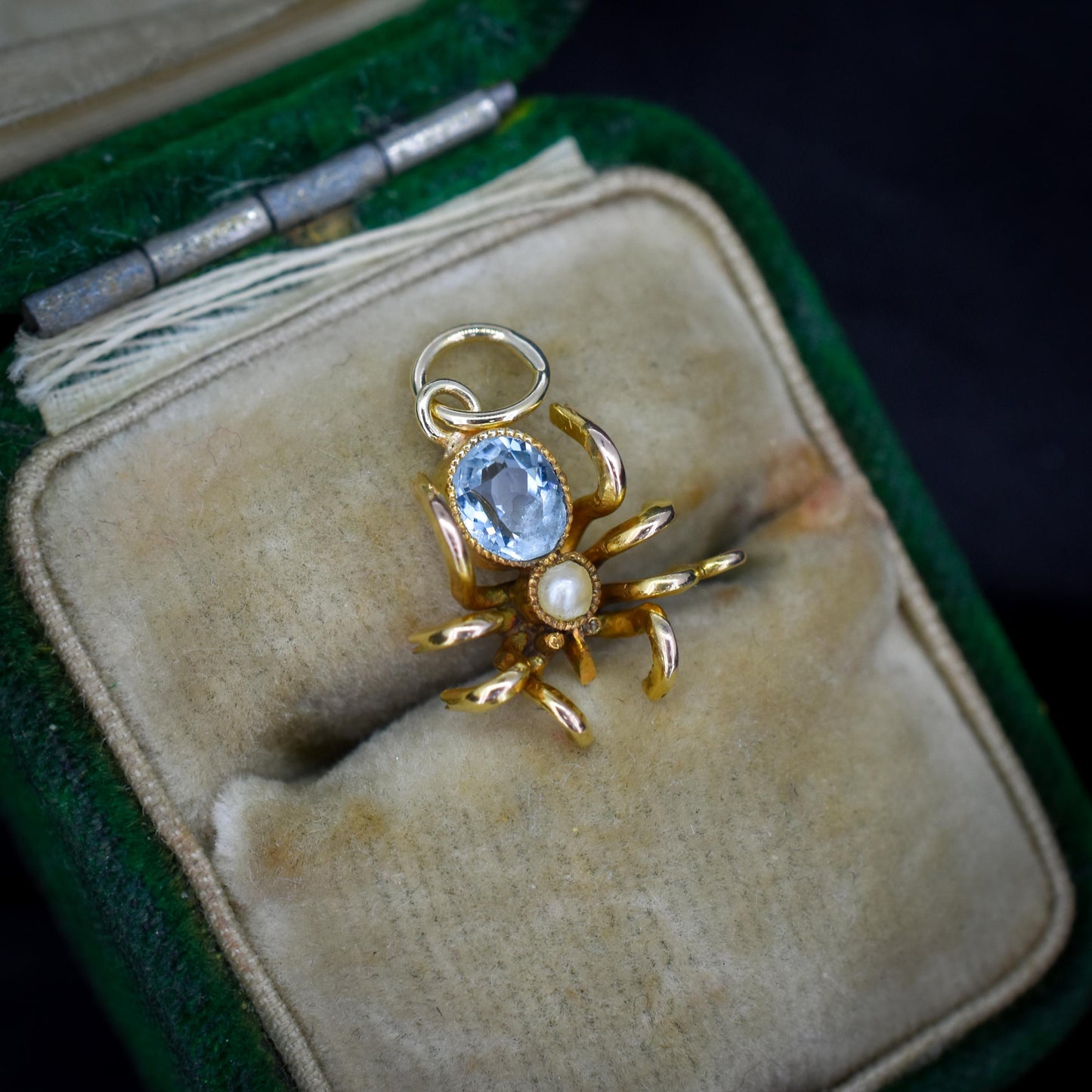 Antique Blue Paste Pearl 9ct Gold Spider Charm Pendant | Edwardian