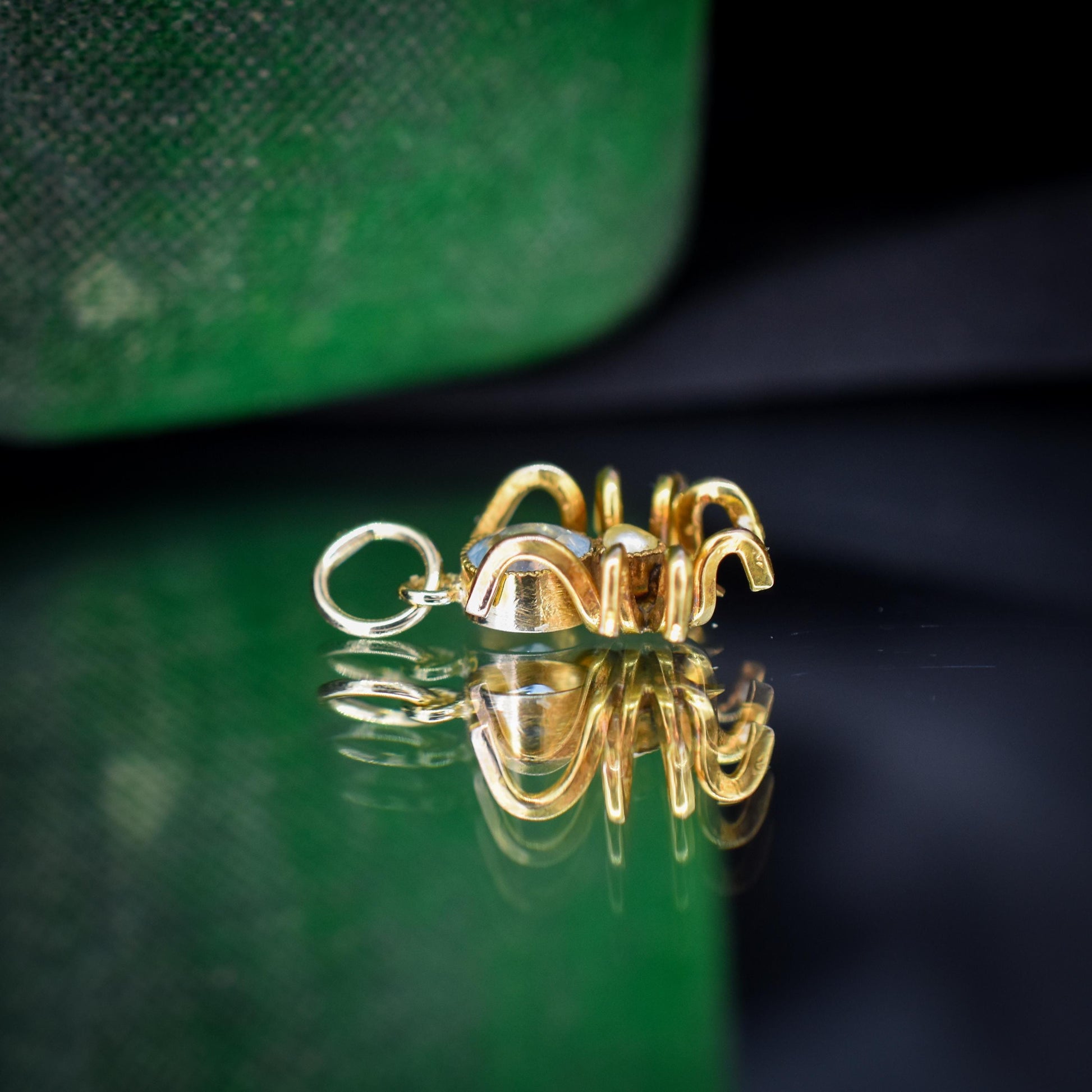 Antique Blue Paste Pearl 9ct Gold Spider Charm Pendant | Edwardian