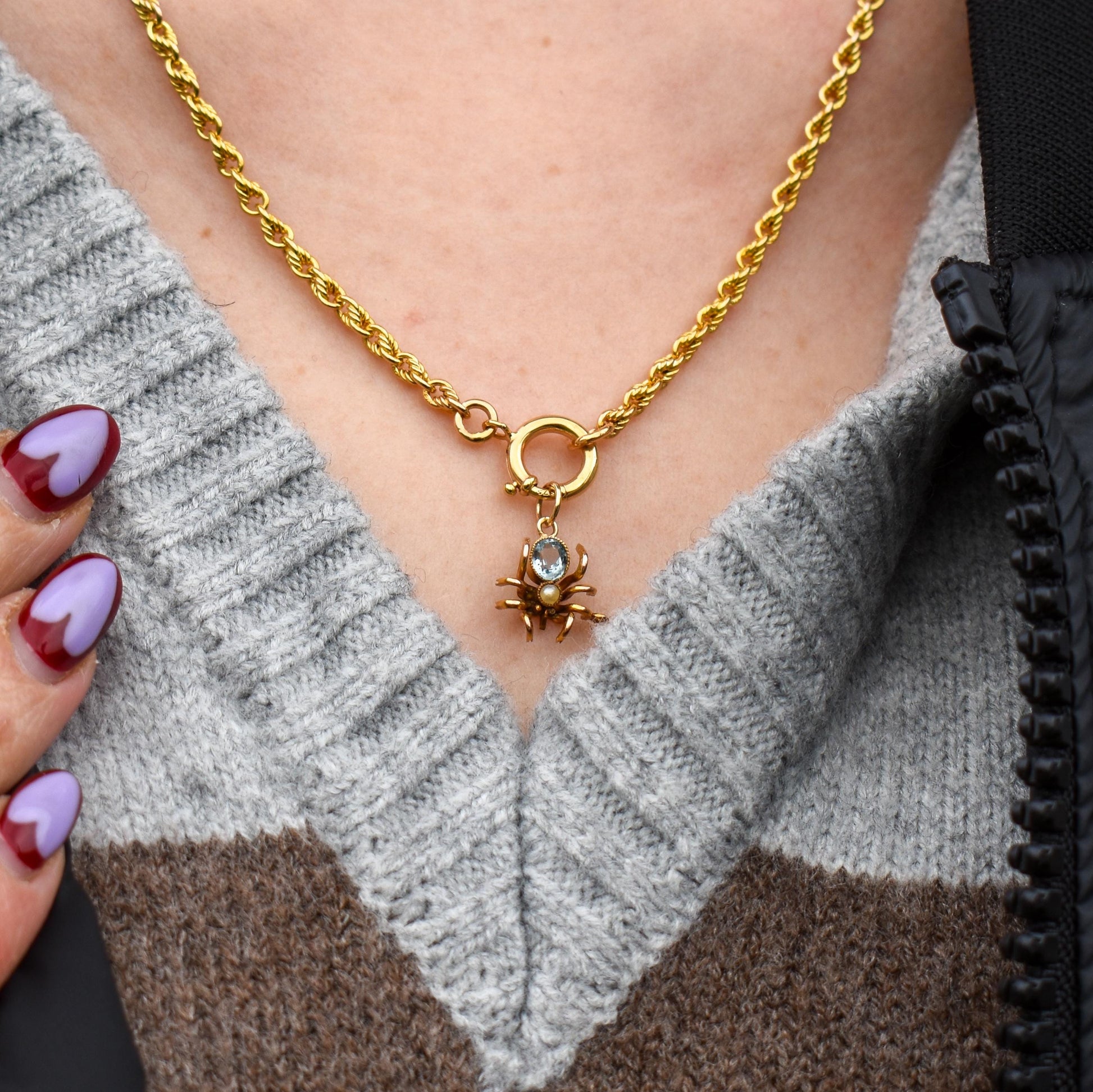 Antique Blue Paste Pearl 9ct Gold Spider Charm Pendant | Edwardian