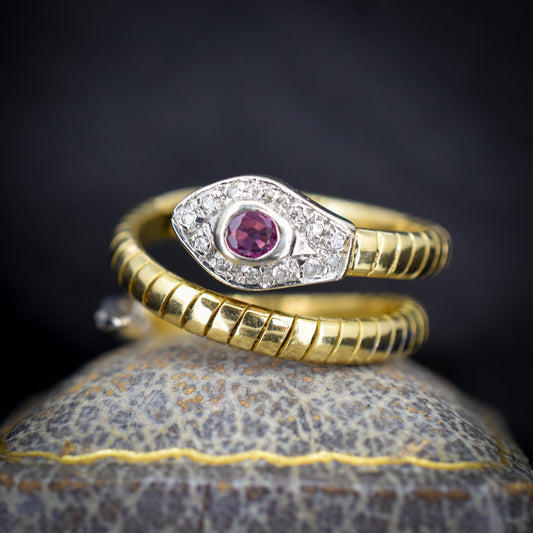 Vintage Ruby and Diamond Snake Serpent Coiled 18ct Gold Band Ring