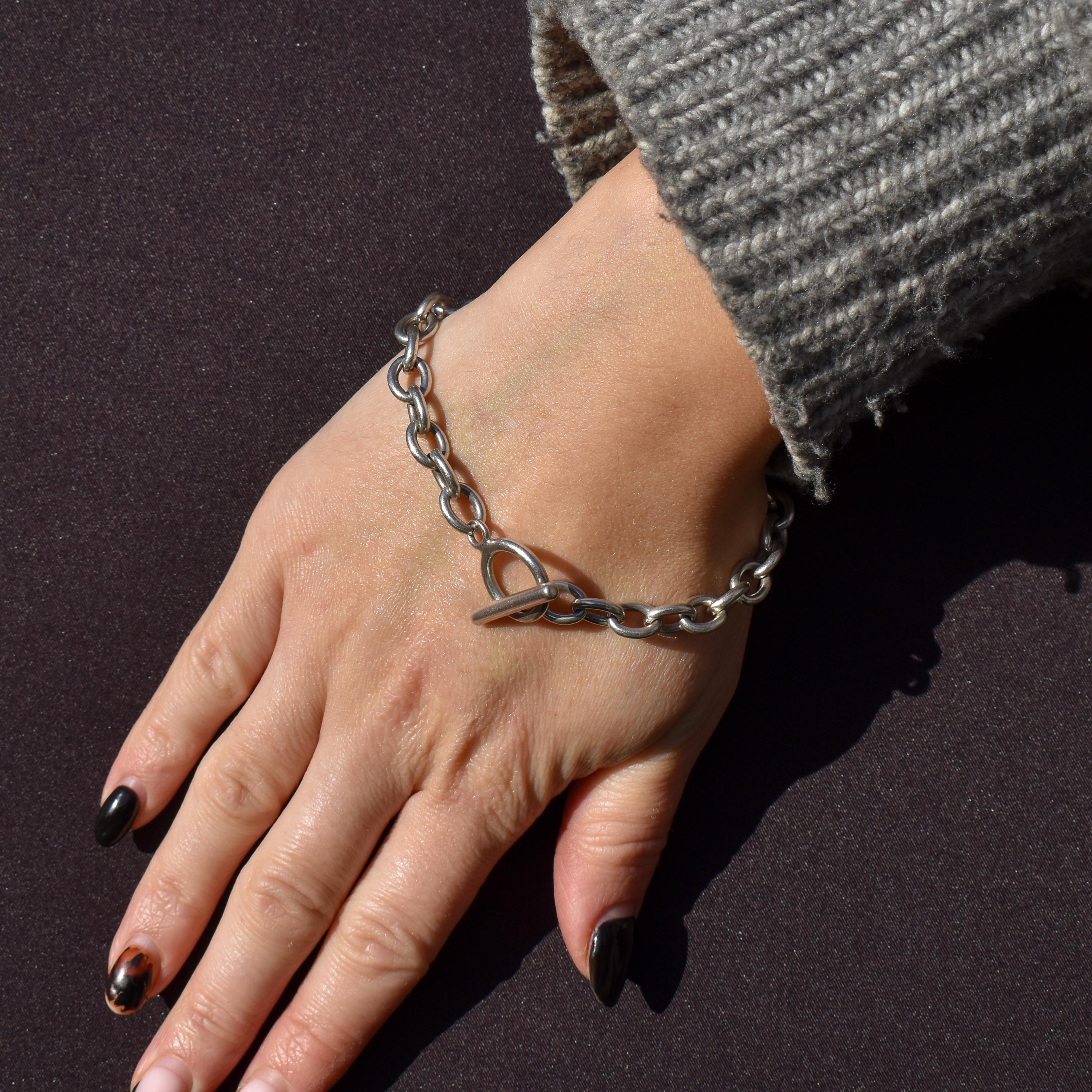 Vintage Silver Oval Cable Link Toggle T-Bar Chain Bracelet 8