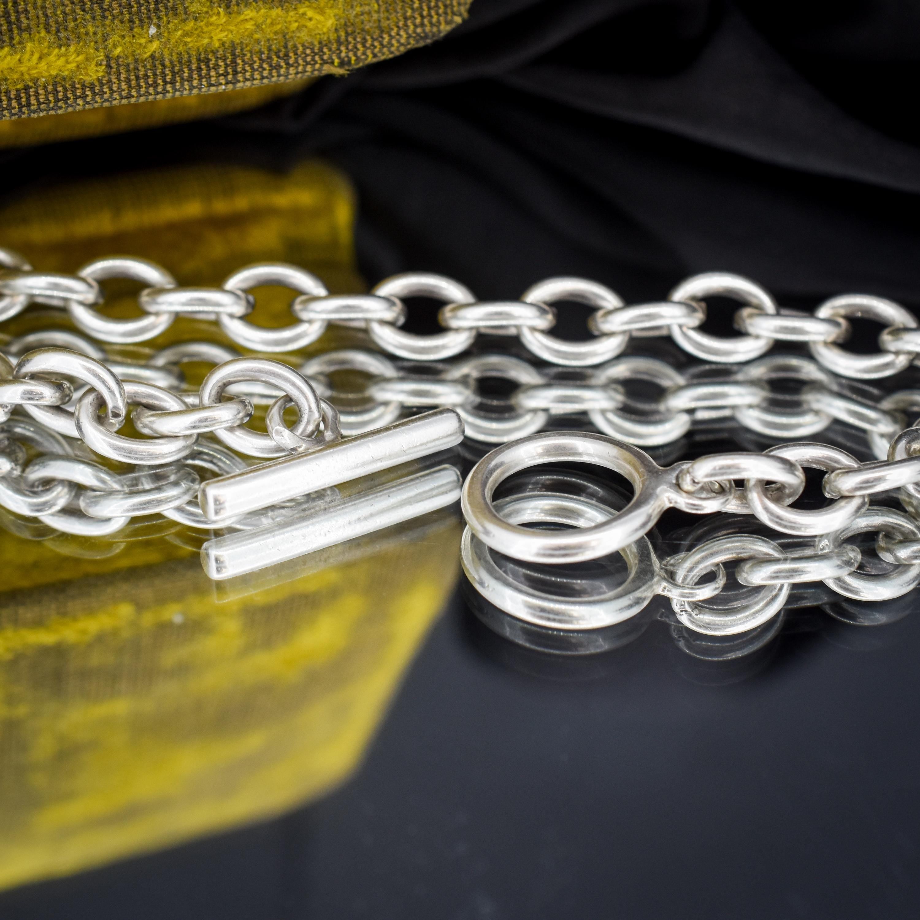 Vintage Silver Oval Cable Link Toggle T-Bar Chain Bracelet 8