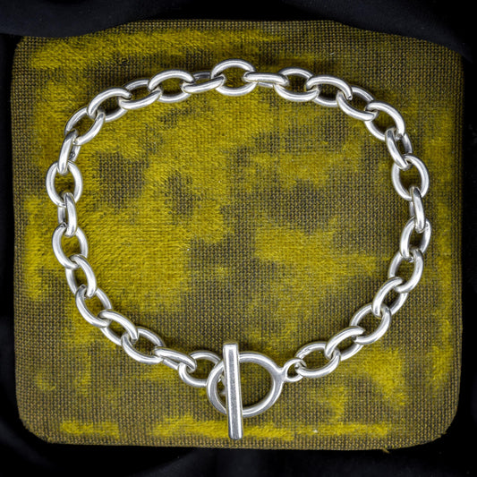 Vintage Silver Oval Cable Link Toggle T-Bar Chain Bracelet 8"