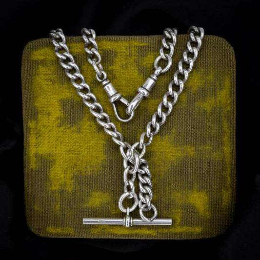 Antique Sterling Silver Curb Link Albert Watch Chain Necklace with T-Bar and Dog Clips – 16.5"