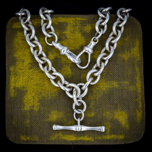 Vintage Silver Oval Cable Link Double Dog Clip and T-Bar Chain Necklace 17.5"