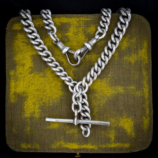 Art Deco '1929' Sterling Silver Albert Chain Necklace with T-Bar and Dog Clips – 15"