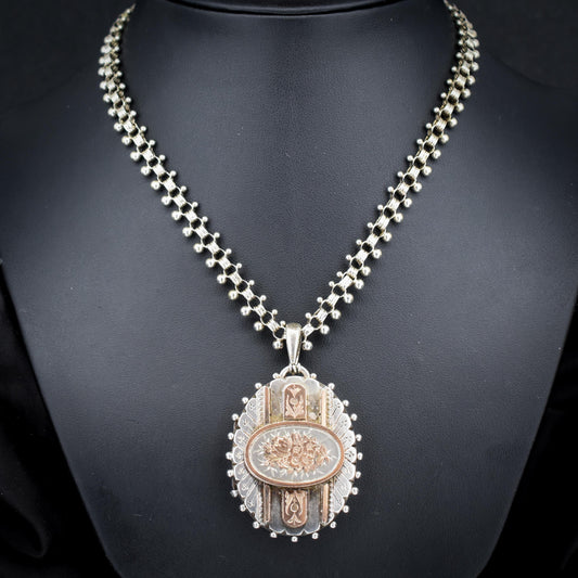 Antique Victorian Gold and Sterling Silver Locket Collar Necklace