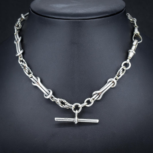 Antique '1901' Silver Love Knot Watch Chain with Double Dog Clip and T Bar | 15"