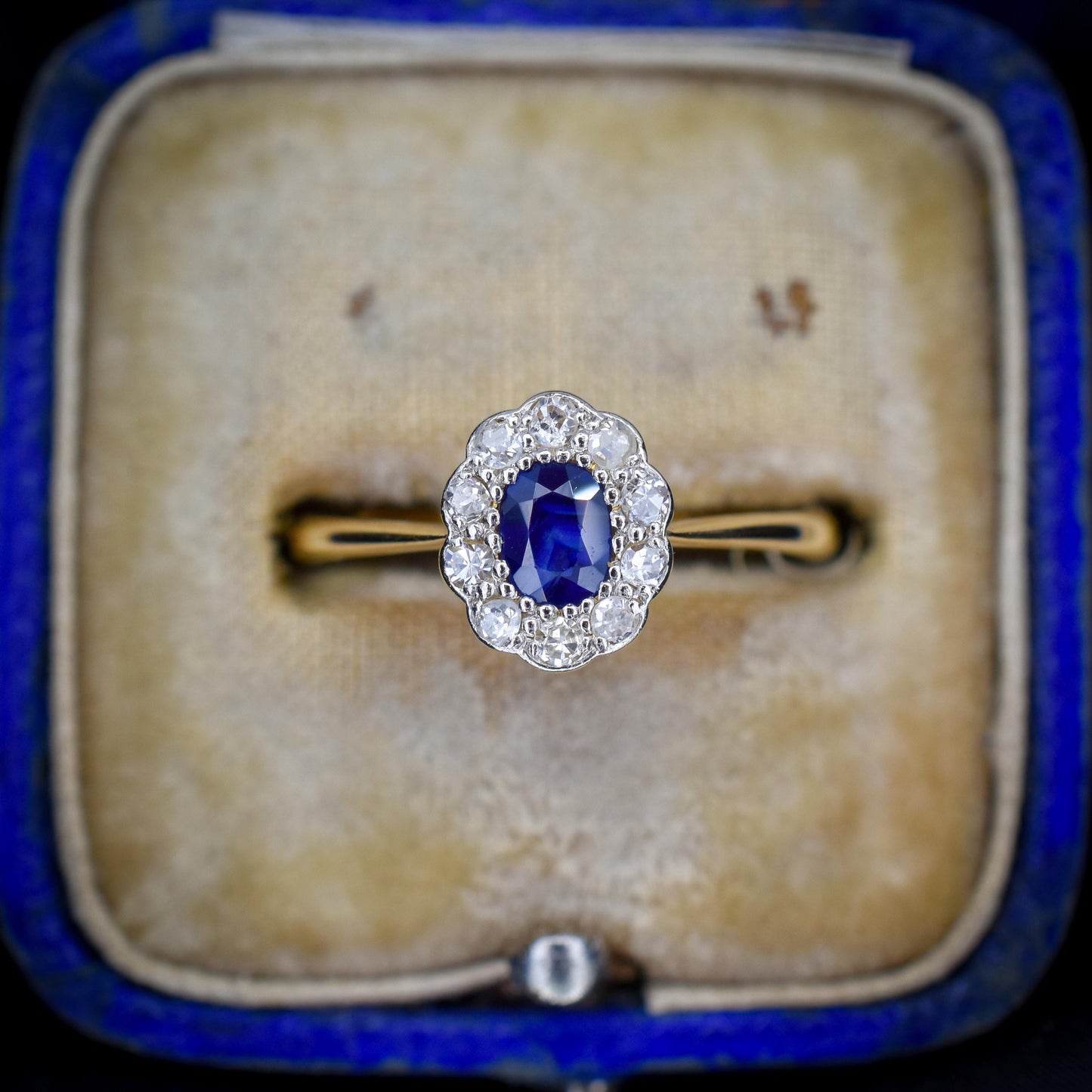 Antique Sapphire and Diamond Oval Cluster 18ct Gold and Platinum Ring