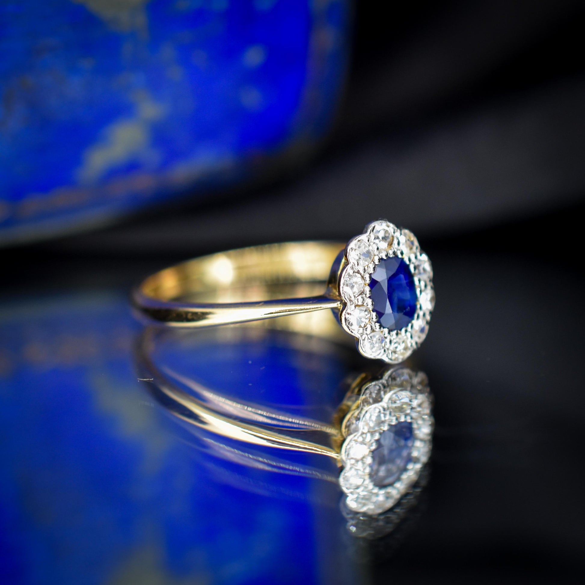 Antique Sapphire and Diamond Oval Cluster 18ct Gold and Platinum Ring