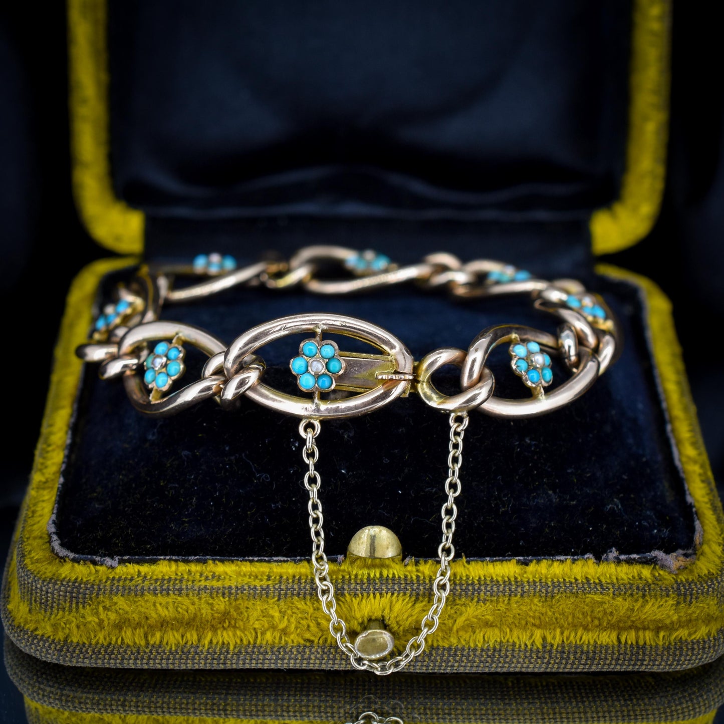 Antique Turquoise and Pearl Forget Me Not 9ct Gold Curb Link Bracelet | 7.5"