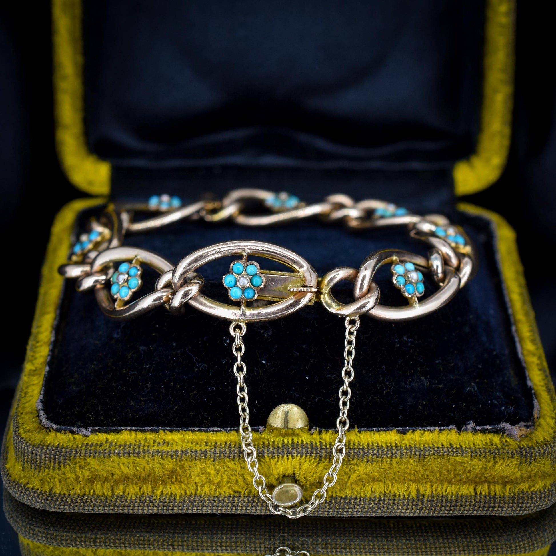 Antique Turquoise and Pearl Forget Me Not 9ct Gold Curb Link Bracelet | 7.5"