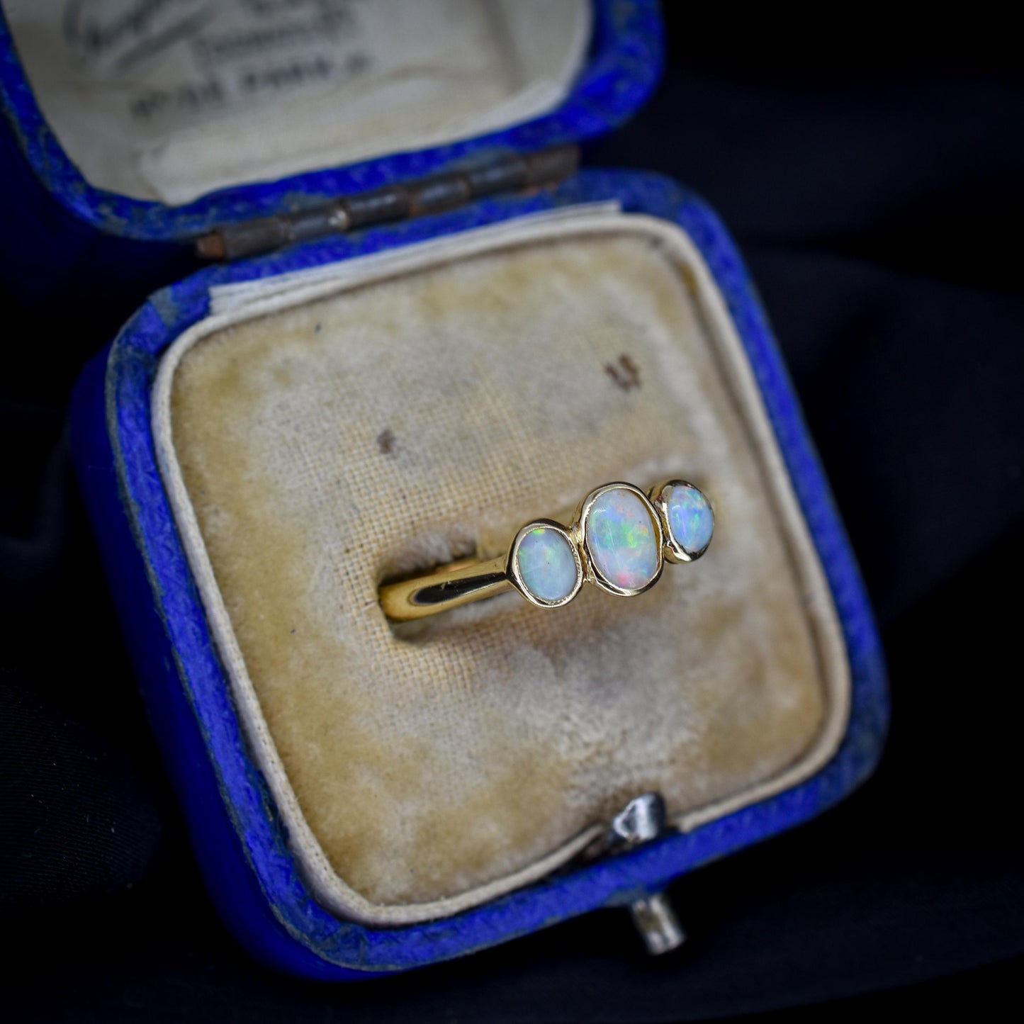 Antique Bezel Opal Three Stone Trilogy 18ct Gold Ring Band