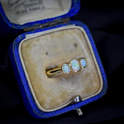 Antique Bezel Opal Three Stone Trilogy 18ct Gold Ring Band
