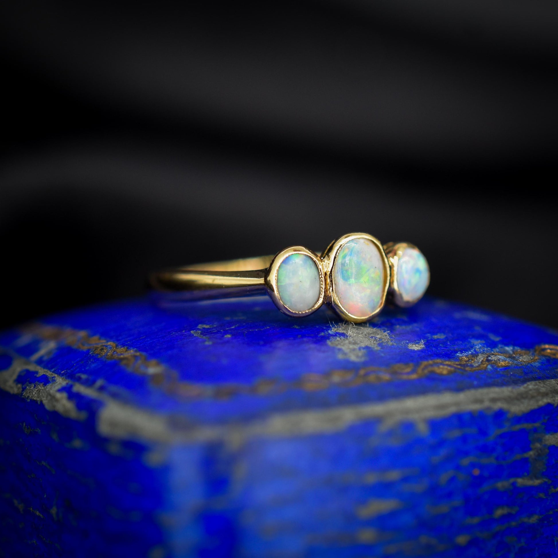 Antique Bezel Opal Three Stone Trilogy 18ct Gold Ring Band