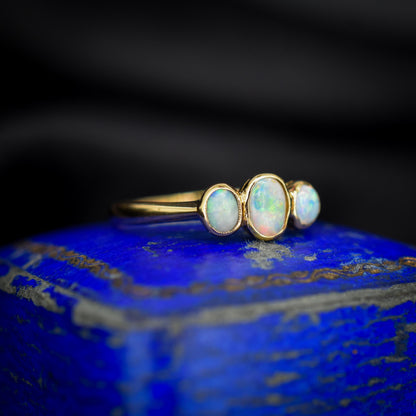 Antique Bezel Opal Three Stone Trilogy 18ct Gold Ring Band
